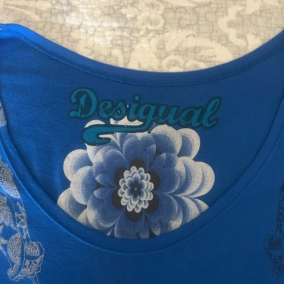 Desigual Blue and Black Midi Dress with round deep Neck - Picture 2 of 8